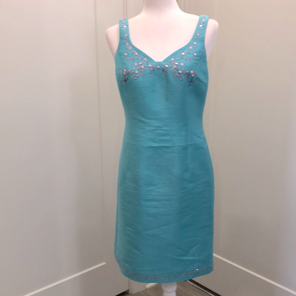Rickie Freeman for Teri Jon aqua blue shantung silk/beaded dress with pink shawl